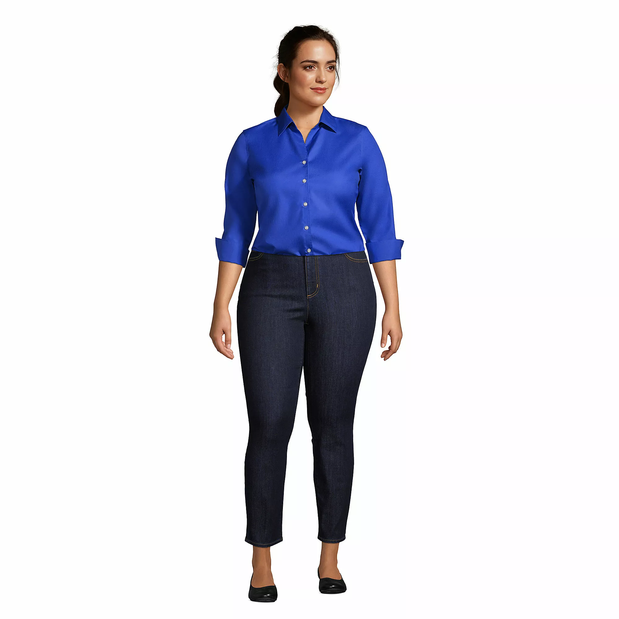 Lands' End Women's Plus Size 3/4 Sleeve No Iron Broadcloth Shirt - Image 4