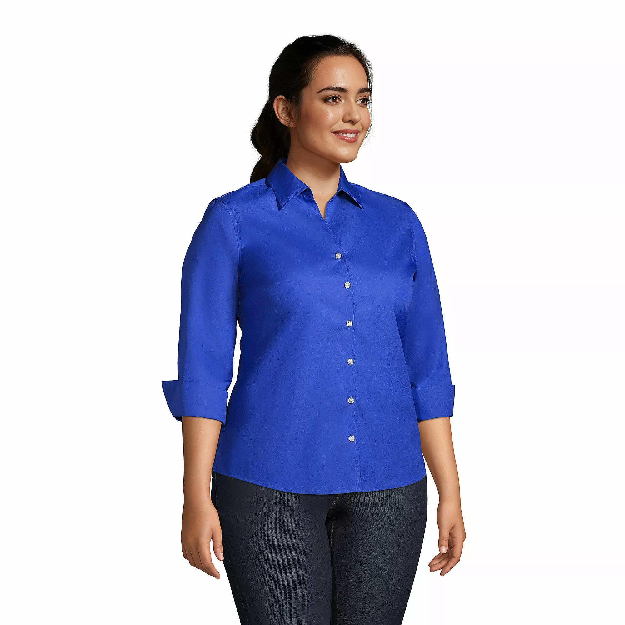 Lands' End Women's Plus Size 3/4 Sleeve No Iron Broadcloth Shirt - Image 3