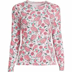Lands' End Women's Plus Size Crew Neck Long Sleeve Rash Guard UPF 50 Sun Protection Modest Swim Tee Print