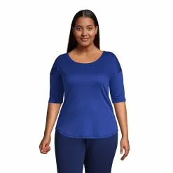 Lands' End Women's Plus Size Supima Micro Modal Elbow Sleeve Balletneck Curved Hem Top