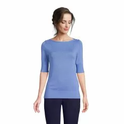 Lands' End Women Cotton Modal Button Shoulder Boatneck Sweater