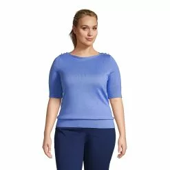 Lands' End Women Plus Size Cotton Modal Button Shoulder Boatneck Sweater