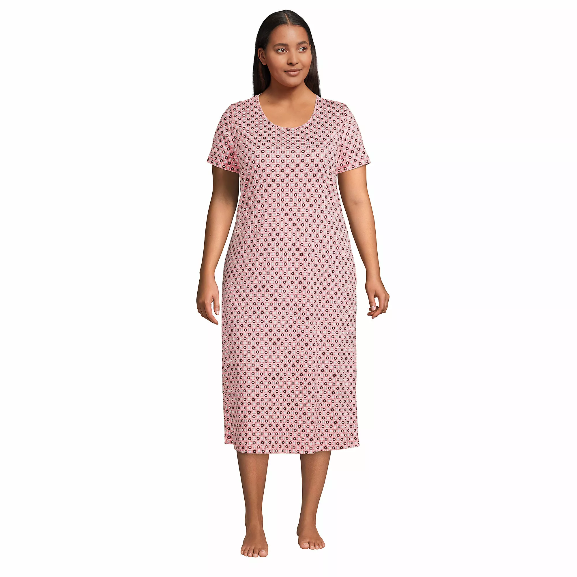 Lands' End Women's Plus Size Supima Cotton Short Sleeve Midcalf Nightgown Dress