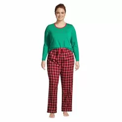 Lands' End Women's Plus Size Pajama Set Knit Long Sleeve T-Shirt And Flannel Pants