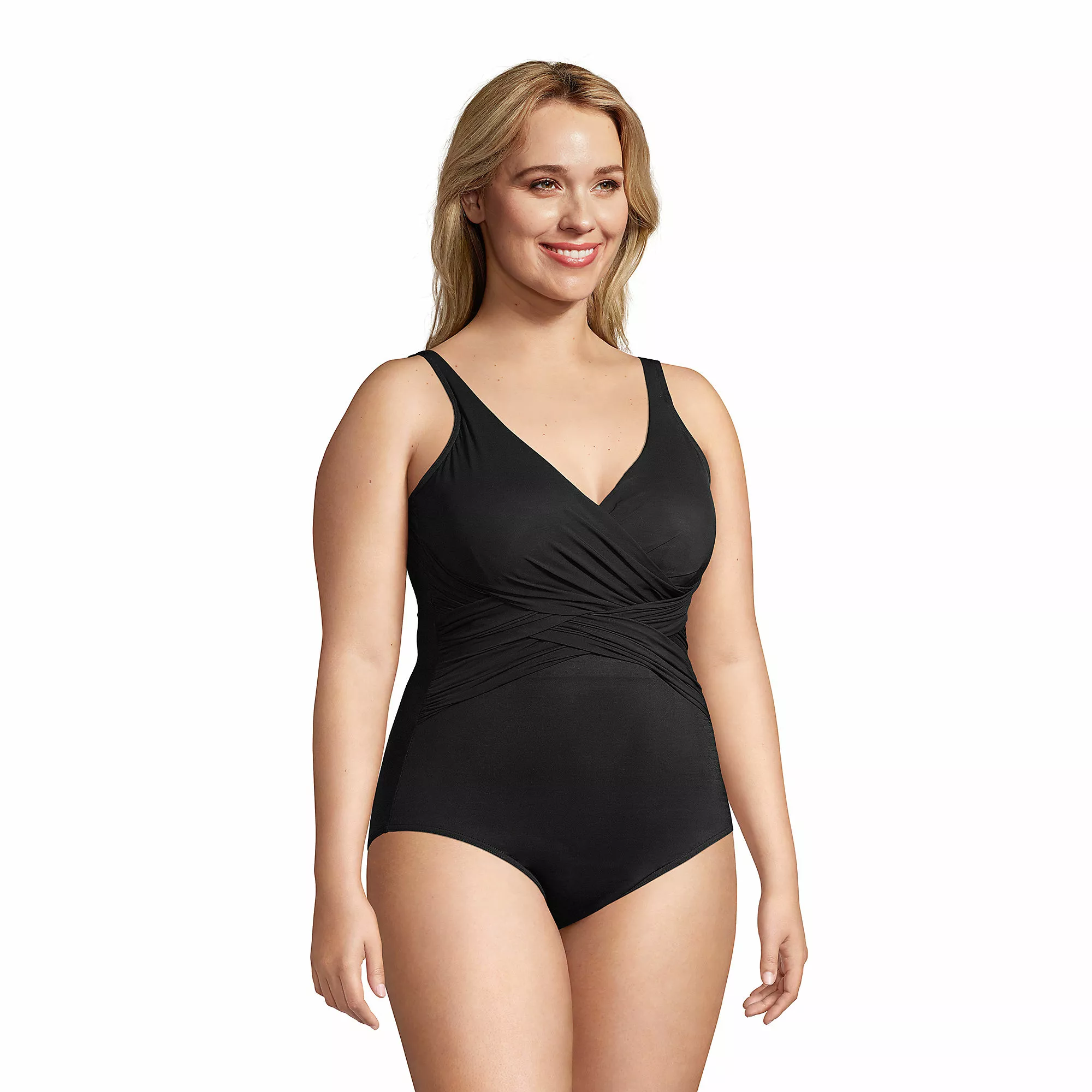 Lands' End Women's Plus Size SlenderSuit Tummy Control Chlorine Resistant V-neck Wrap One Piece Swimsuit - Image 4