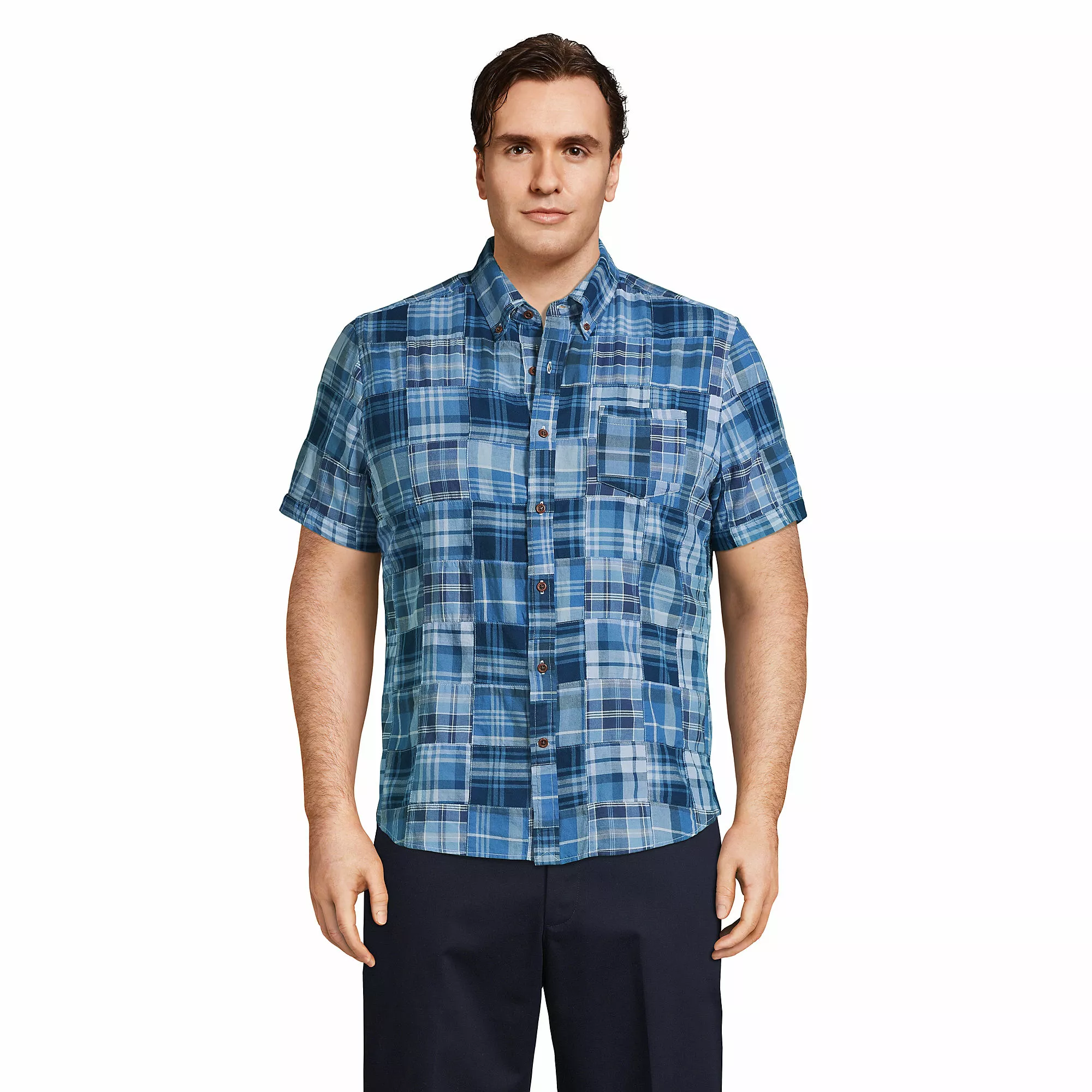 Lands' End Men's Big And Tall Traditional Fit Short Sleeve Madras Shirt
