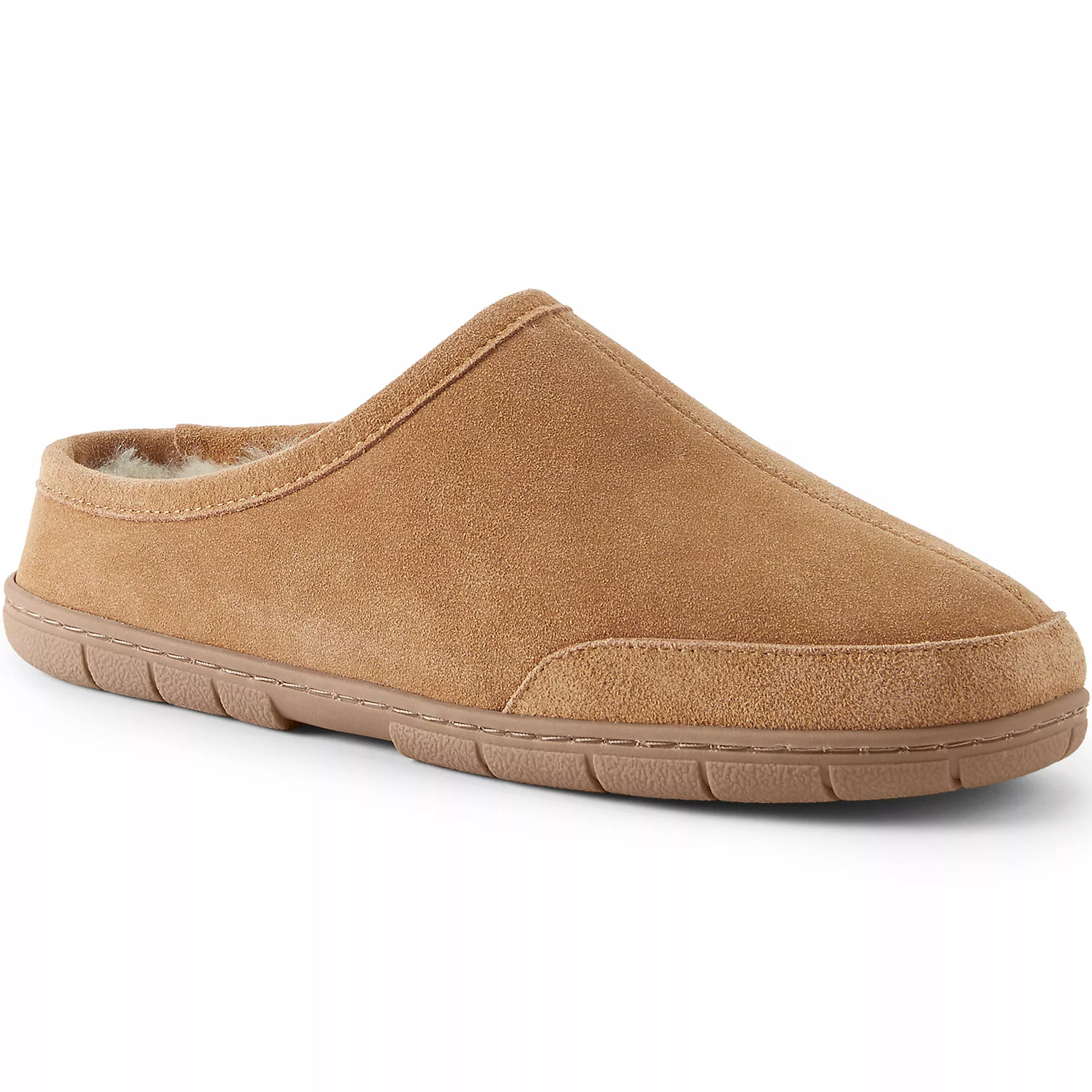 Lands' End Men's Suede Leather Fuzzy Shearling Fur Clog Slippers