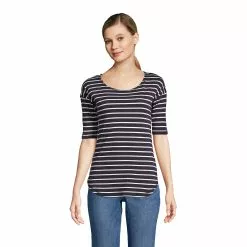 Lands' End Women's Supima Micro Modal Elbow Sleeve Balletneck Curved Hem Stripe Top