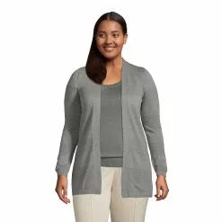 Lands' End Women's Plus Size Cotton Modal Texture Stripe Open Cardigan Sweater