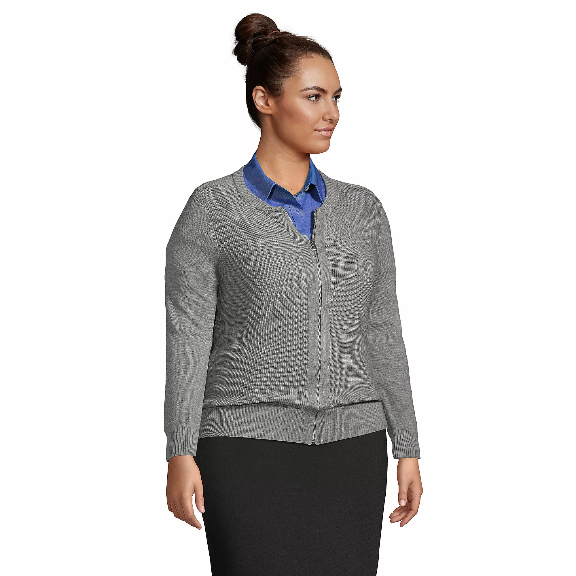 Lands' End Women's Plus Size Cotton Modal Zip Cardigan Sweater Jacket - Image 3