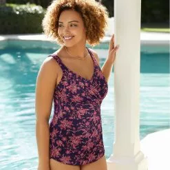 Lands' End Women's Plus Size SlenderSuit V-Neck Tummy Control Chlorine Resistant Skirted One Piece Swimsuit