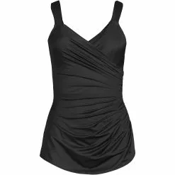 Lands' End Women's SlenderSuit V-Neck Tummy Control Chlorine Resistant Skirted One Piece Swimsuit