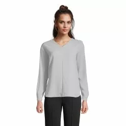 Lands' End Women's Long Sleeve V-neck Button Shoulder Crepe Blouse