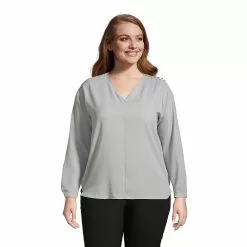 Lands' End Women's Plus Size Long Sleeve V-neck Button Shoulder Crepe Blouse