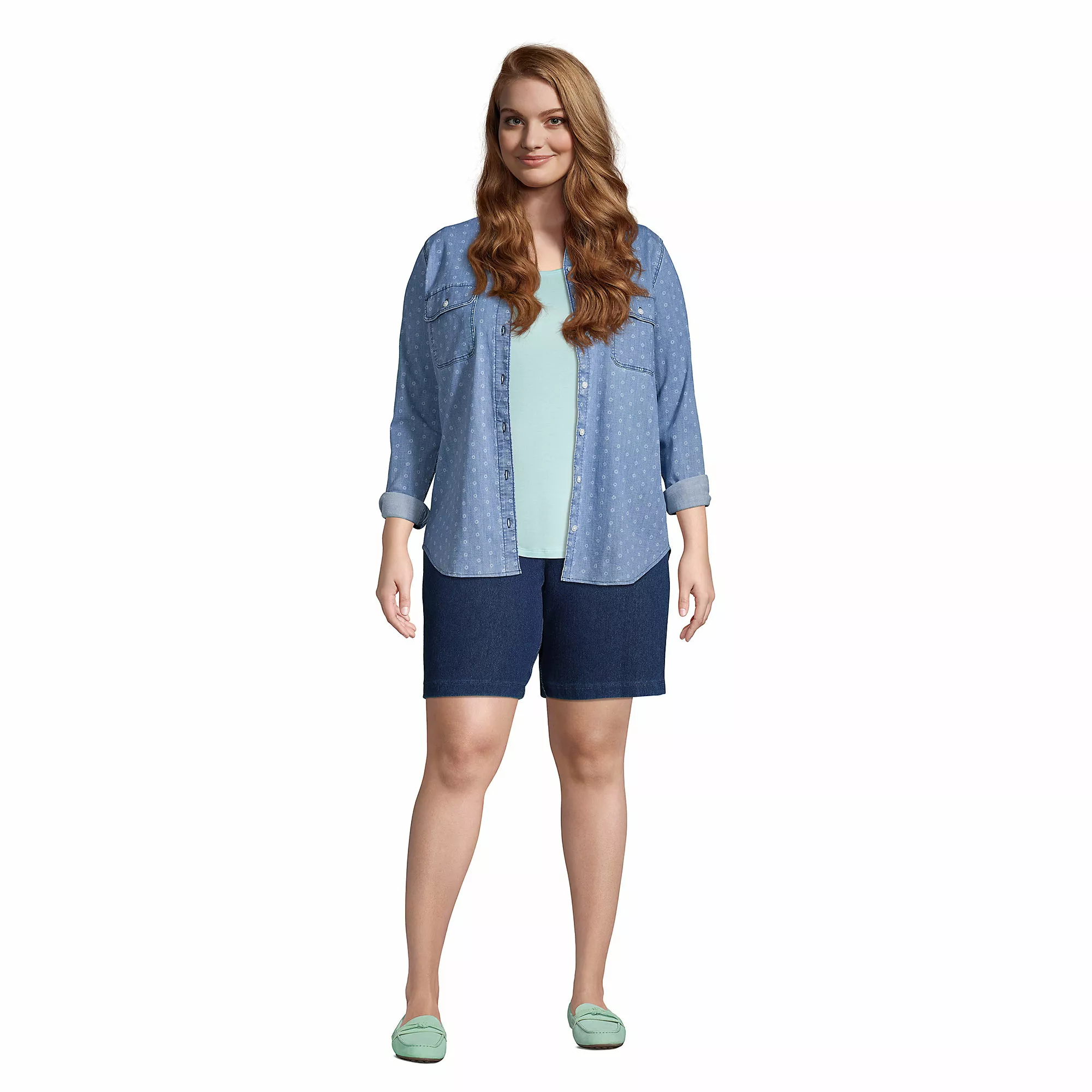 Lands' End Women's Plus Size High Rise Sport Knit Elastic Waist Denim Jean Shorts - Image 4