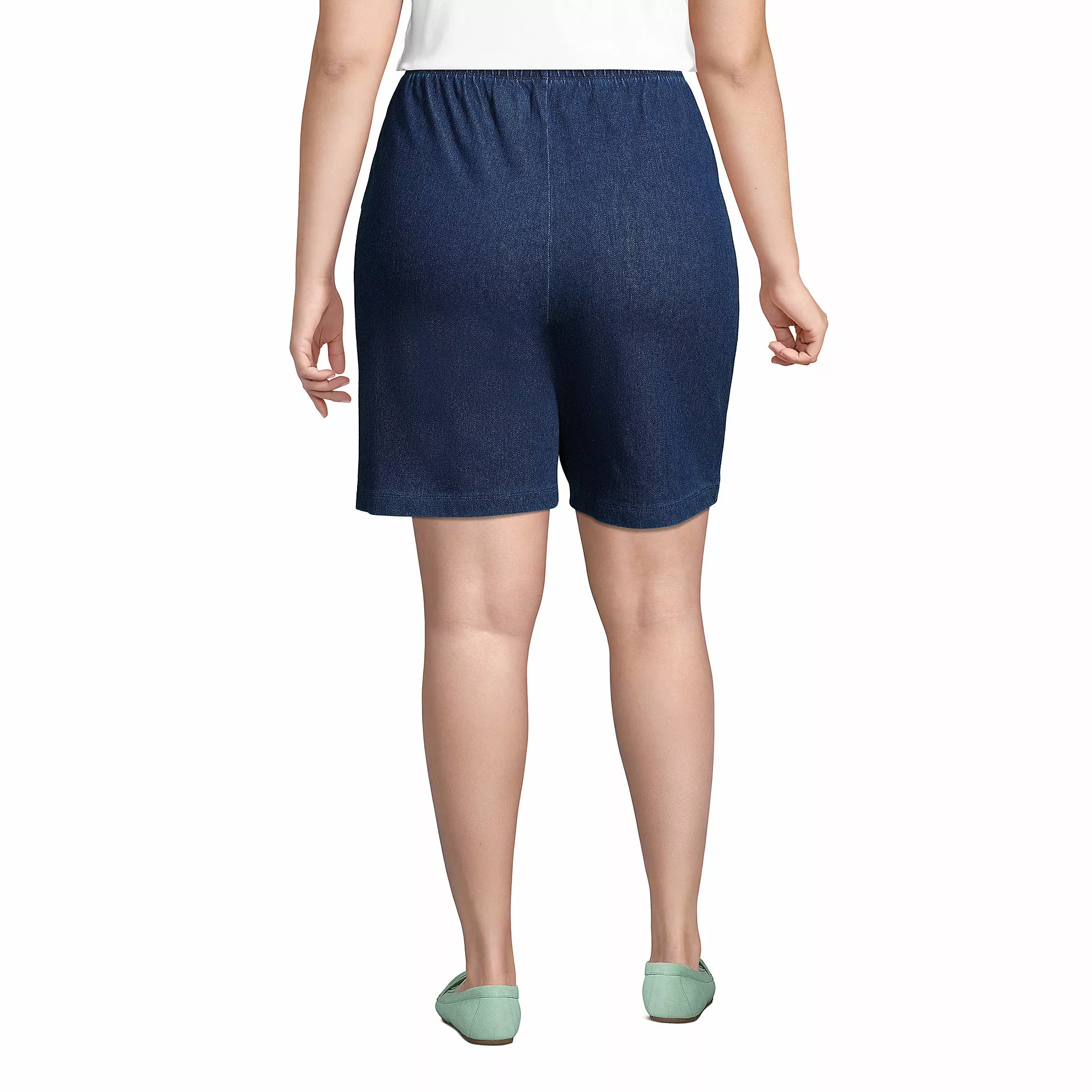 Lands' End Women's Plus Size High Rise Sport Knit Elastic Waist Denim Jean Shorts - Image 2