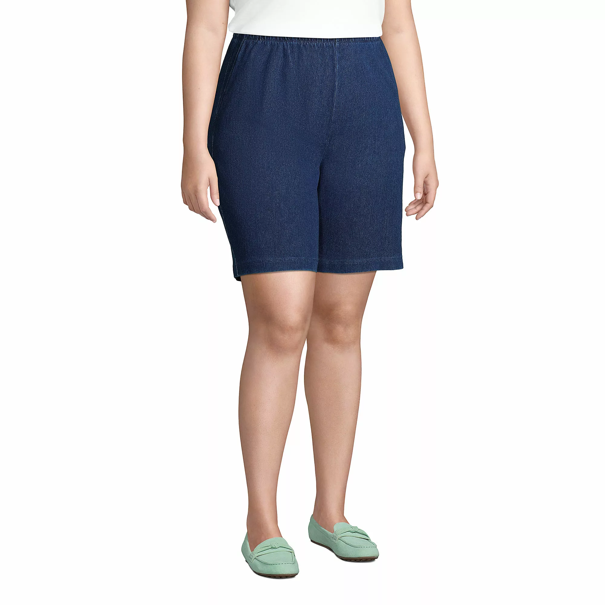 Lands' End Women's Plus Size High Rise Sport Knit Elastic Waist Denim Jean Shorts - Image 3