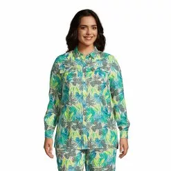 Lands' End Women's Plus Size Linen Button Front Utility Tunic Top