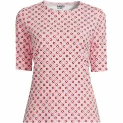Lands' End Women's Plus Size Crew Neck Elbow Sleeve Rash Guard UPF 50 Sun Protection Modest Swim Tee Print