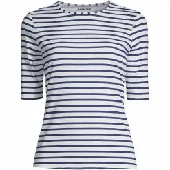 Lands' End Women's Crew Neck Elbow Sleeve Rash Guard UPF 50 Sun Protection Modest Swim Tee