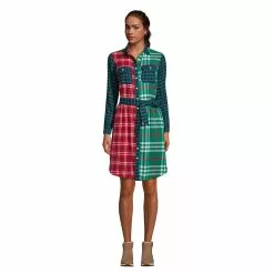 Lands' End Women's Cotton Flannel Long Sleeve Knee Length Shirt Dress