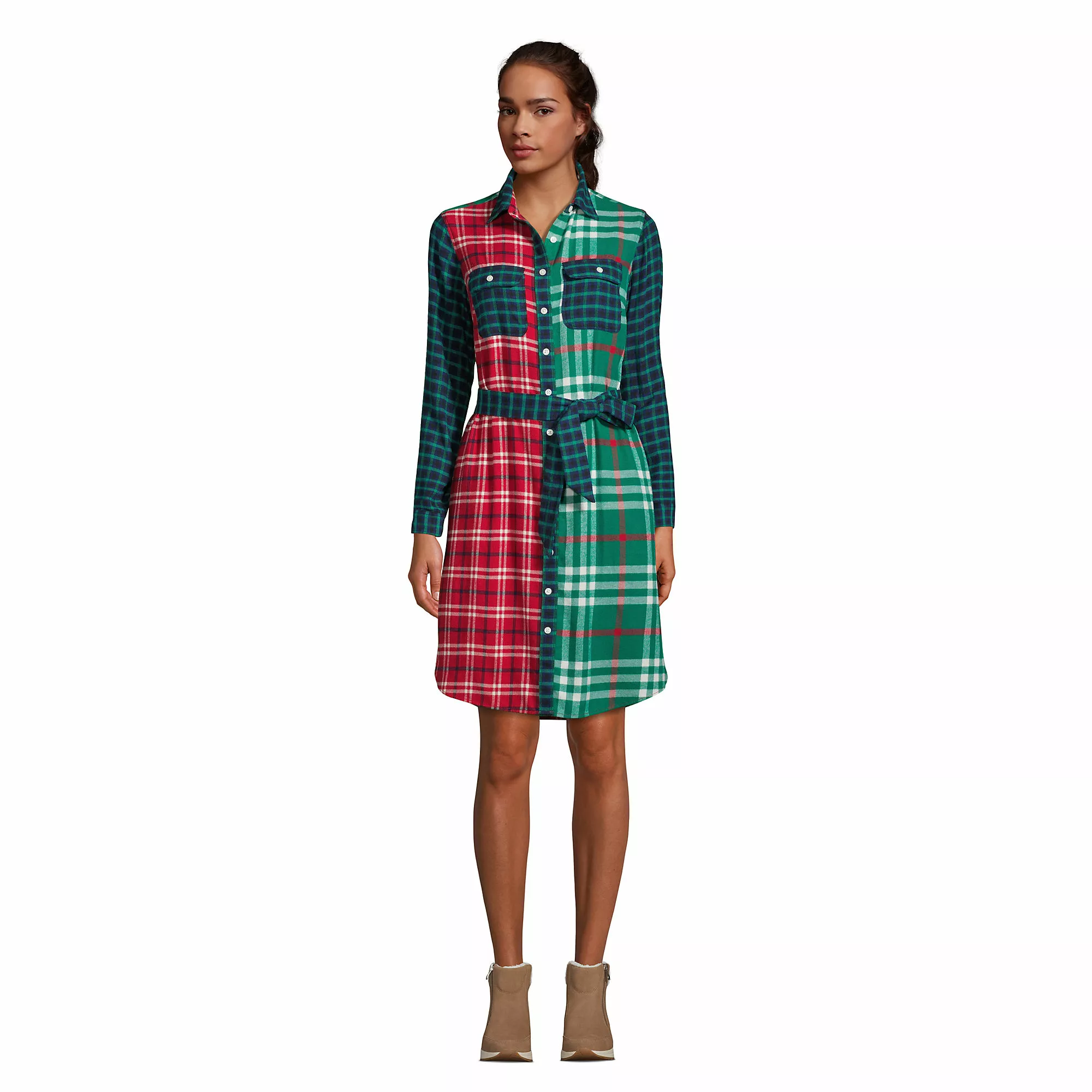 Lands' End Women's Cotton Flannel Long Sleeve Knee Length Shirt Dress