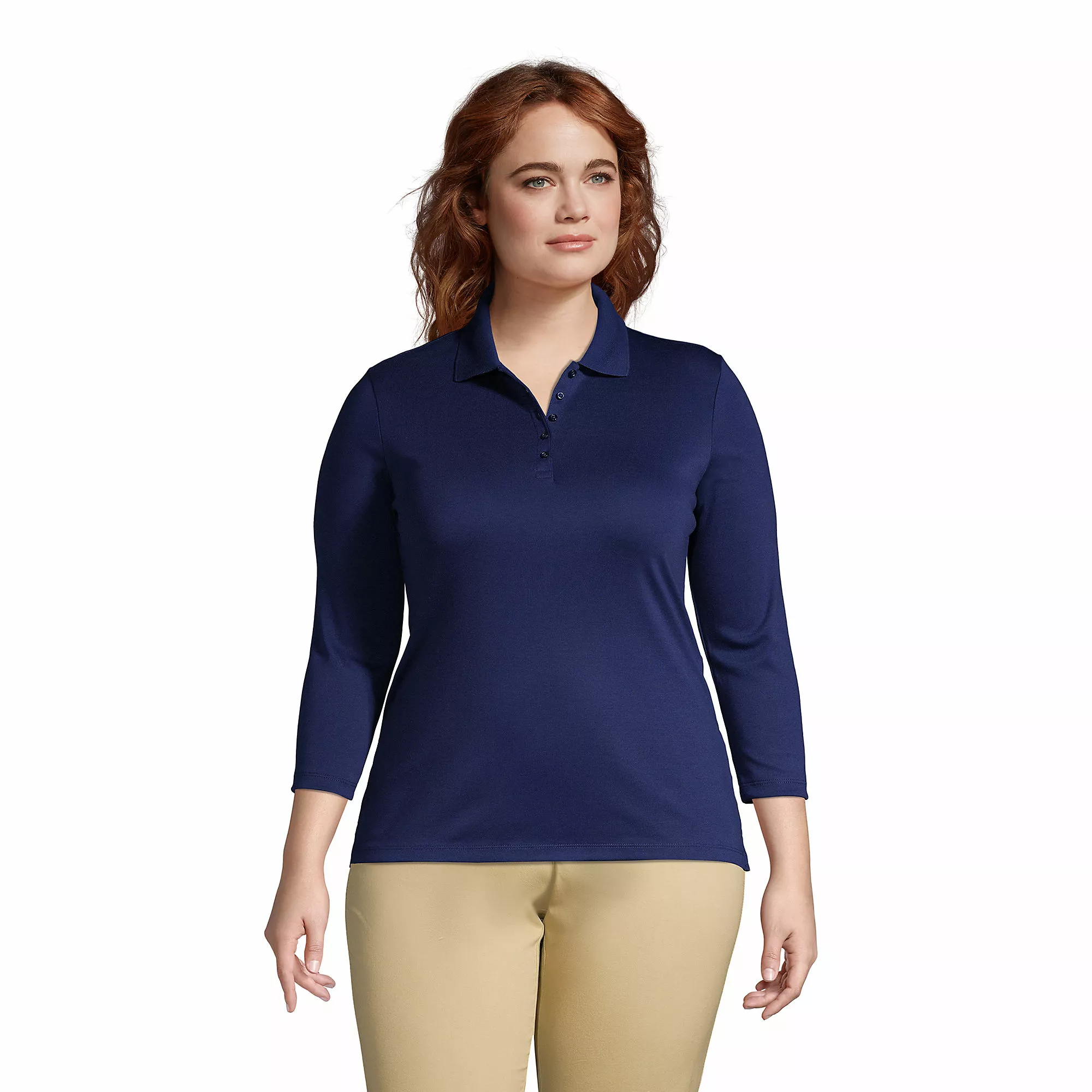Lands' End Women's Plus Size Supima Cotton 3/4 Sleeve Polo Shirt