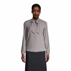 Lands' End Women's Polyester Crepe Long Sleeve Tie Neck Popover Blouse
