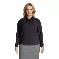 Lands' End Women's Plus Size Polyester Crepe Long Sleeve Tie Neck Popover Blouse