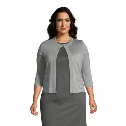 Lands' End Women's Plus Size Cotton Modal 3/4 Sleeve Novelty Stitch Trim Cardigan Sweater