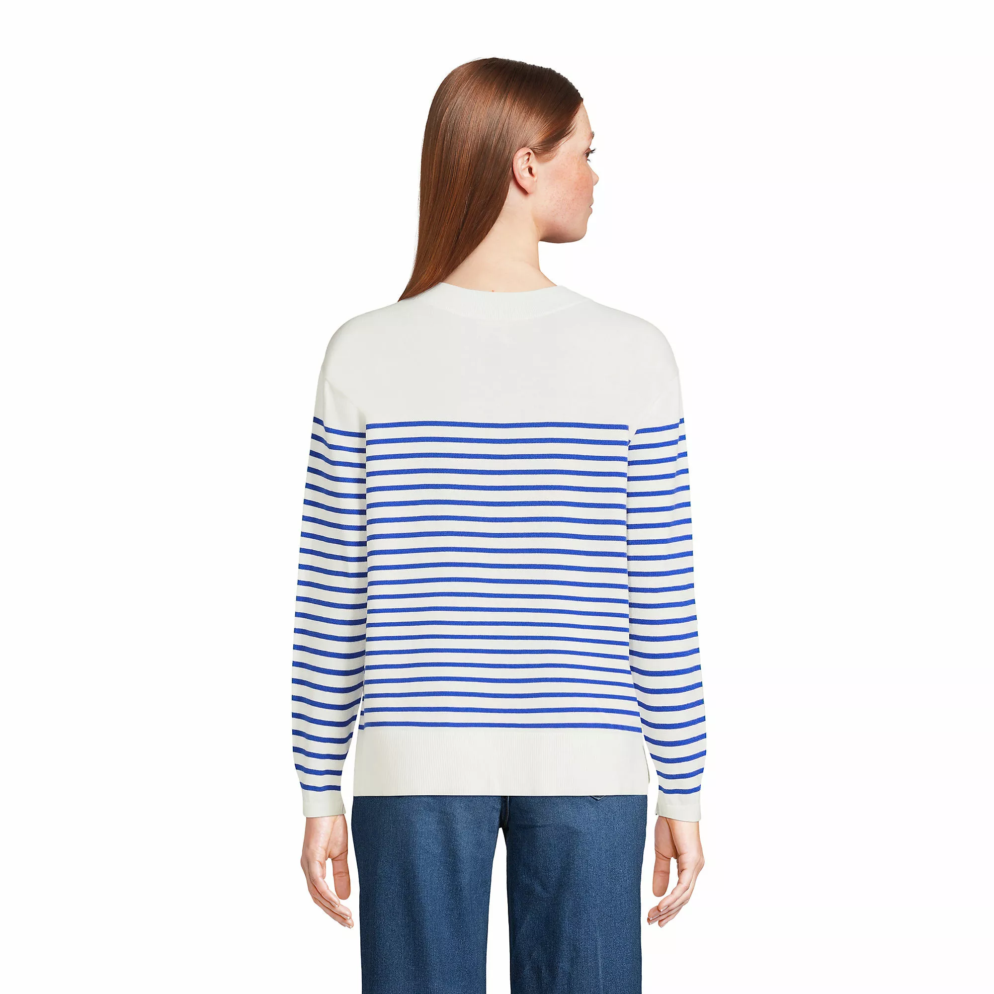 Lands' End Women's Fine Gauge Cotton Crewneck Sweater - Founders Stripe - Image 2
