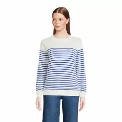 Lands' End Women's Fine Gauge Cotton Crewneck Sweater - Founders Stripe