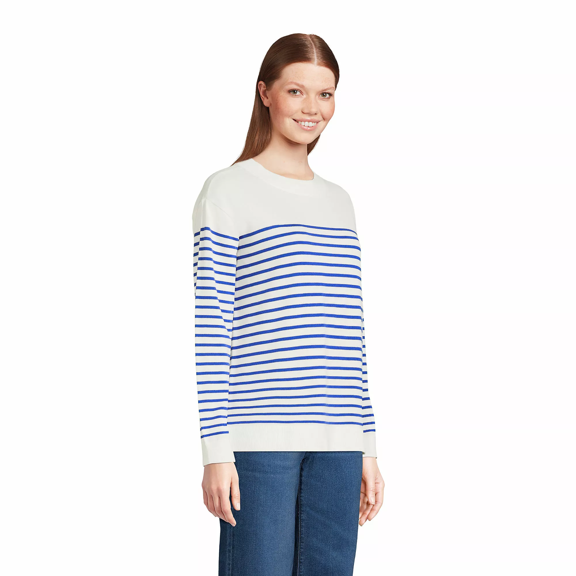 Lands' End Women's Fine Gauge Cotton Crewneck Sweater - Founders Stripe - Image 3