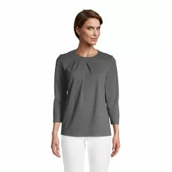 Lands' End Women's Cotton Polyester 3/4 Sleeve Pleat Neck Top