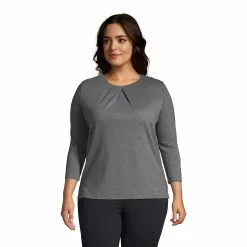 Lands' End Women's Plus Size Cotton Polyester 3/4 Sleeve Pleat Neck Top