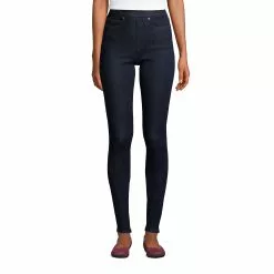 Lands' End Women's Denim High Rise Brushed Back Elastic Waist Pull On Jeans Blue