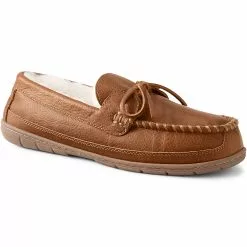 Lands' End Men's Leather Fuzzy Shearling Moccasin Slippers