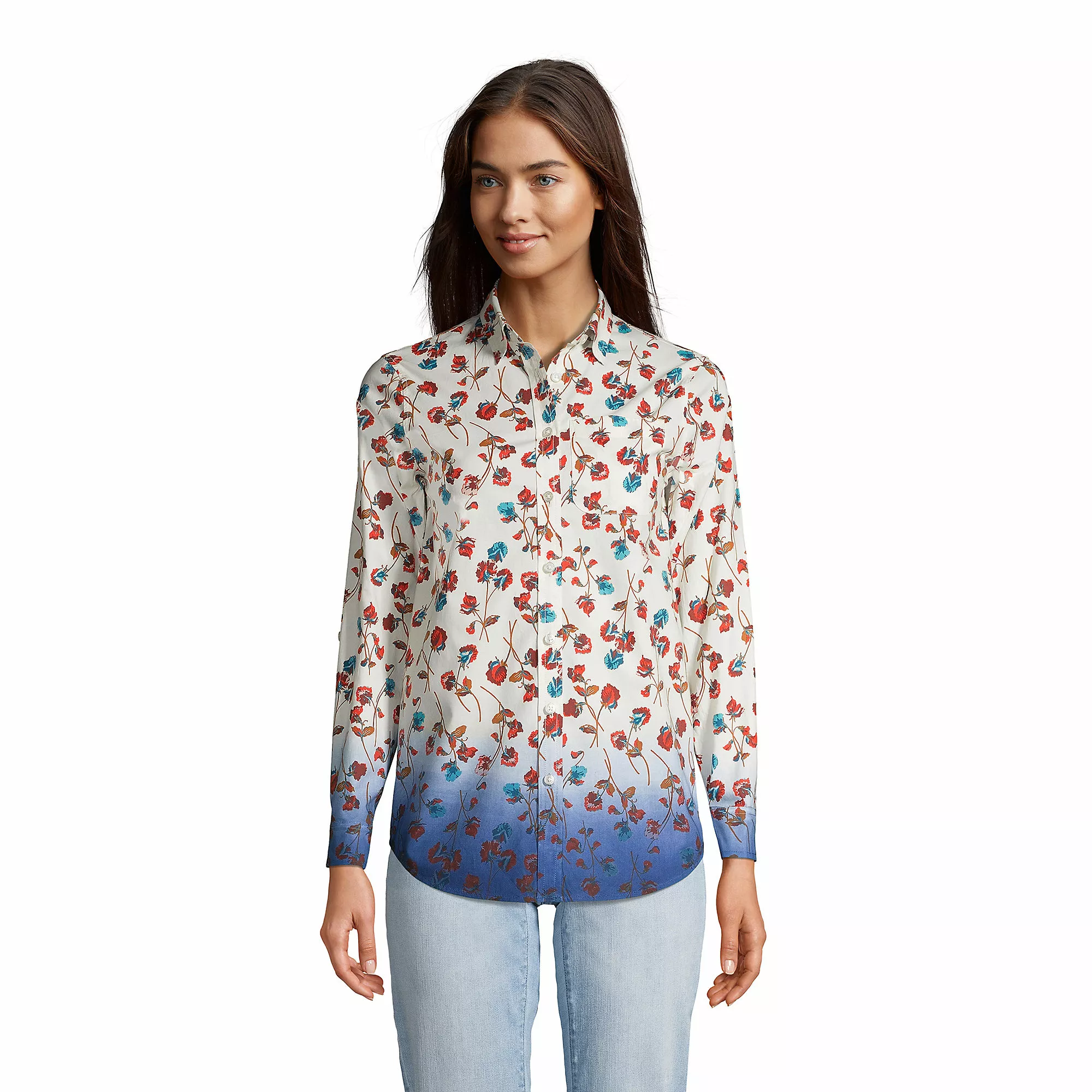 Lands' End Women's Cotton Boyfriend Fit Long Sleeve Tunic Top