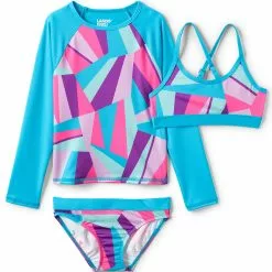 Lands' End Girls Rash Guard Swim Top Bikini Top And Bottoms UPF 50 Swimsuit Set