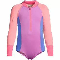 Lands' End Girls Long Sleeve Half Zip One Piece UPF 50 Swimsuit