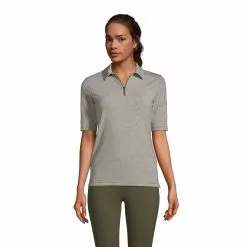 Lands' End Women's Moisture Wicking UPF Sun Elbow Sleeve Zip Front Polo Shirt