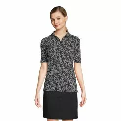 Lands' End Women's Moisture Wicking UPF Sun Elbow Sleeve Zip Front Polo Shirt Print