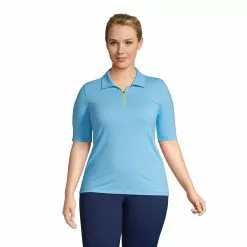 Lands' End Women's Plus Size Moisture Wicking UPF Sun Elbow Sleeve Zip Front Polo Shirt