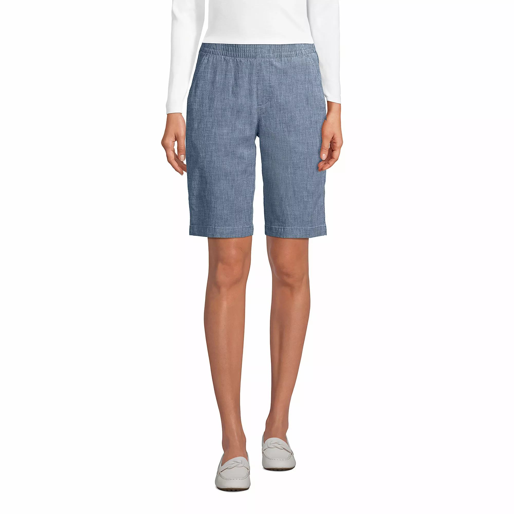 Lands' End Women's Mid Rise Elastic Waist Pull On 12" Knockabout Chino Bermuda Shorts