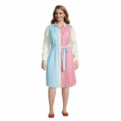 Lands' End Women's Plus Size Long Sleeve Seersucker Button Front Shirt Dress