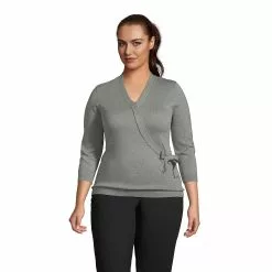 Lands' End Women's Plus Size Cotton Modal 3/4 Sleeve Tie Waist Pullover Sweater