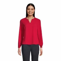 Lands' End Women's Shirred Long Sleeve Split Neck Blouse