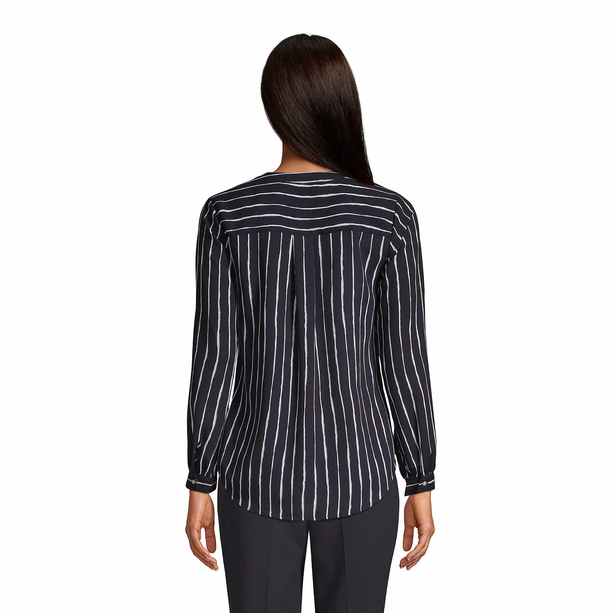 Lands' End Women's Shirred Long Sleeve Stripe Split Neck Blouse - Image 2