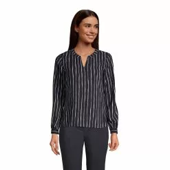 Lands' End Women's Shirred Long Sleeve Stripe Split Neck Blouse