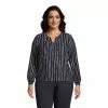Lands' End Women's Plus Size Shirred Long Sleeve Stripe Split Neck Blouse